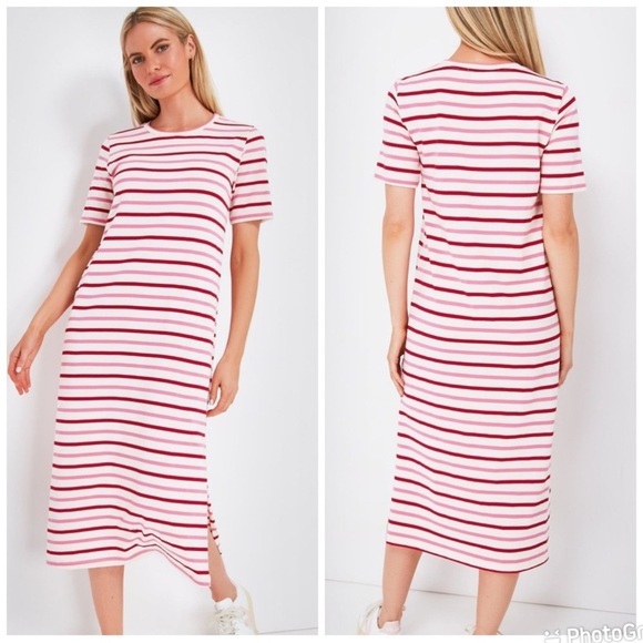 POMANDER PLACE Red and Pink Stripe Short Sleeve Gio Maxi Dress - Picture 1 of 6